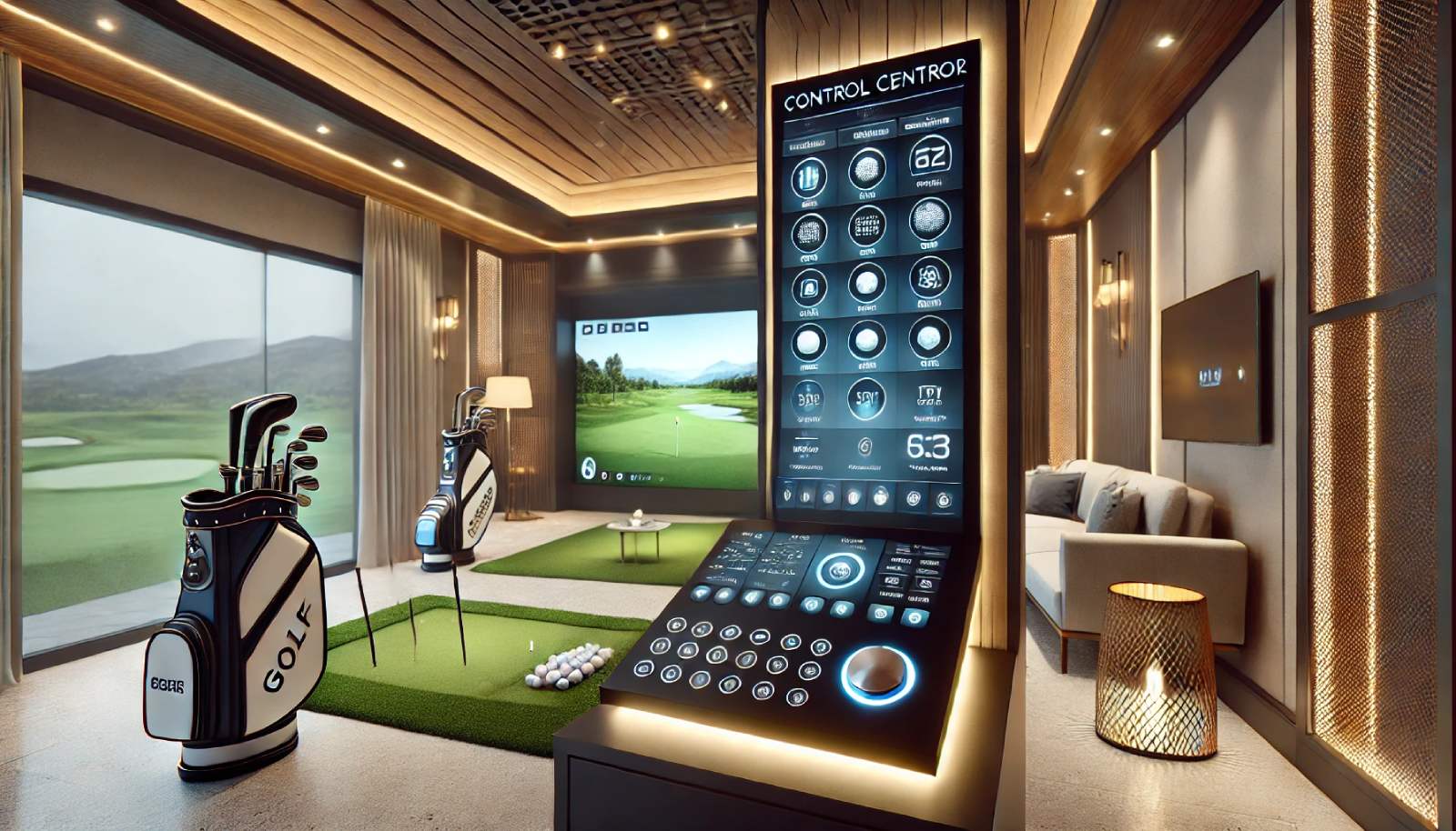 A luxurious indoor golf simulator room with a control panel and immersive screens.