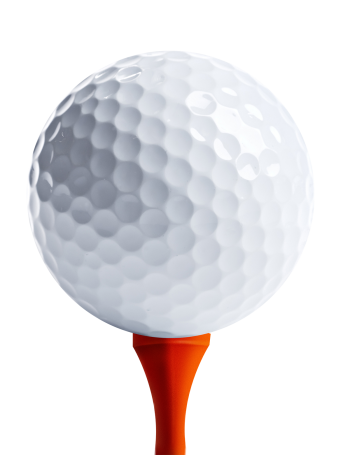 A golf ball resting on a red tee, ready for a swing.