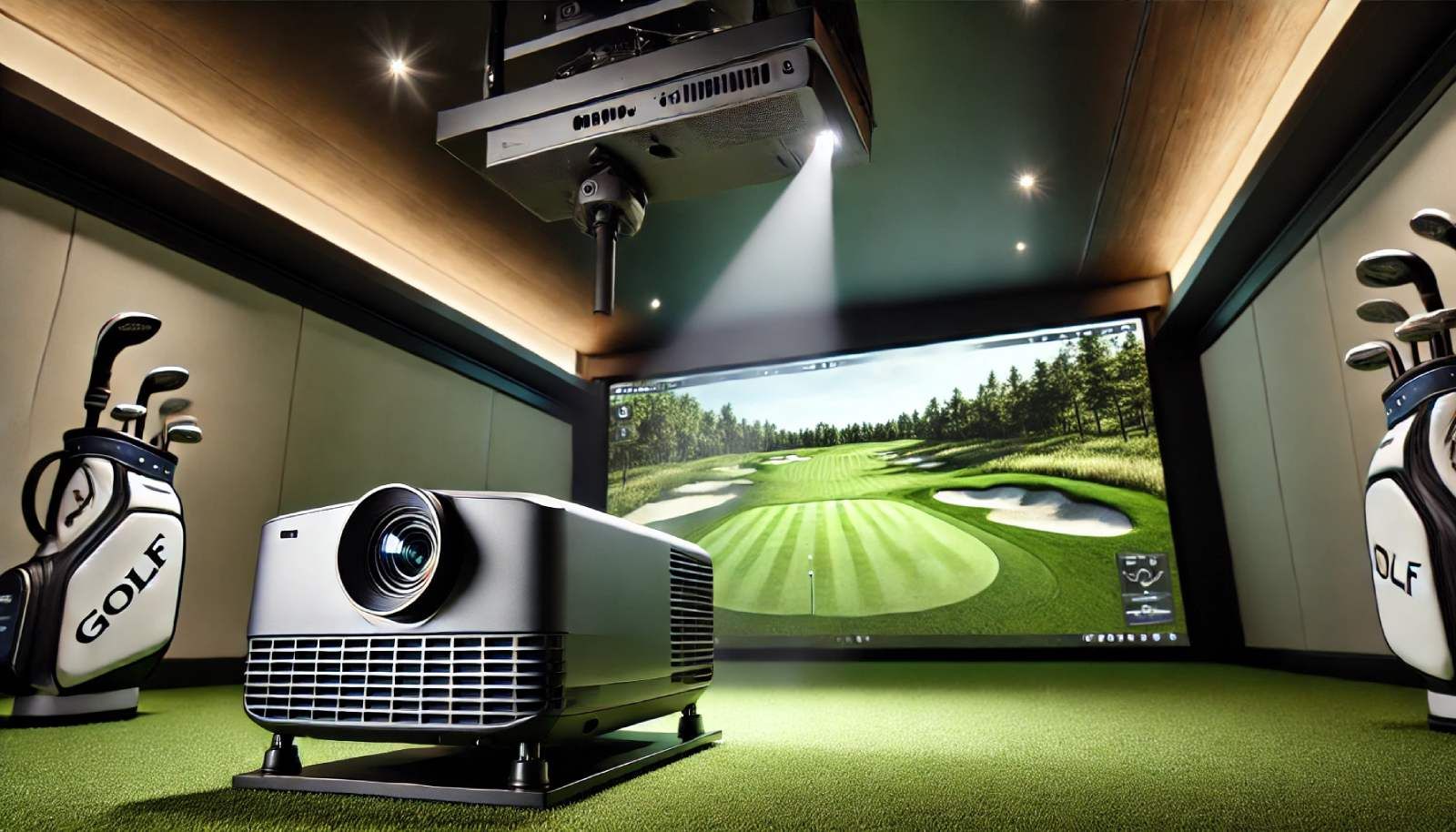 A golf simulator setup featuring a powerful projector and detailed golf course visuals.