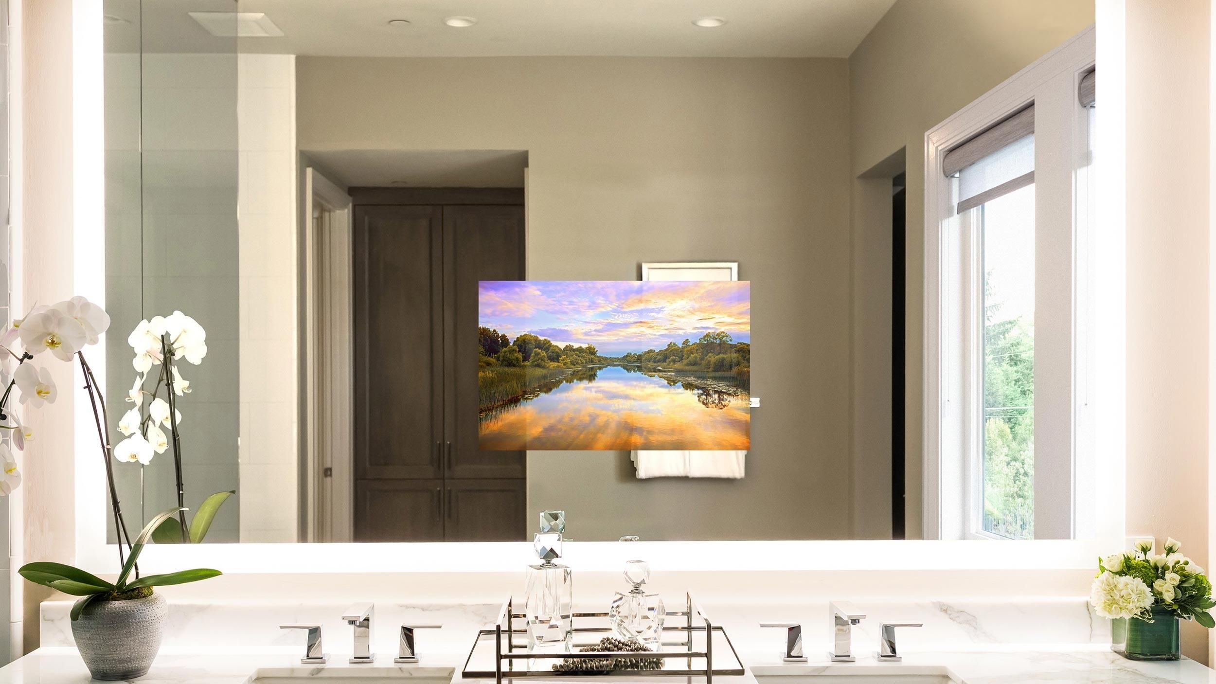 Seura Vanishing Vanity TV Mirrors in a white bathroom