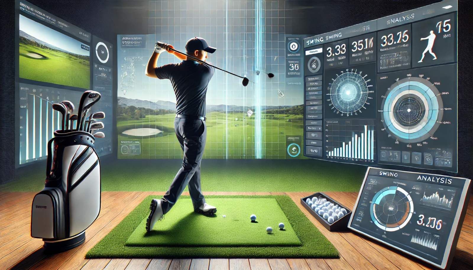 A golfer mid-swing in an indoor simulator with performance data displayed on screens.