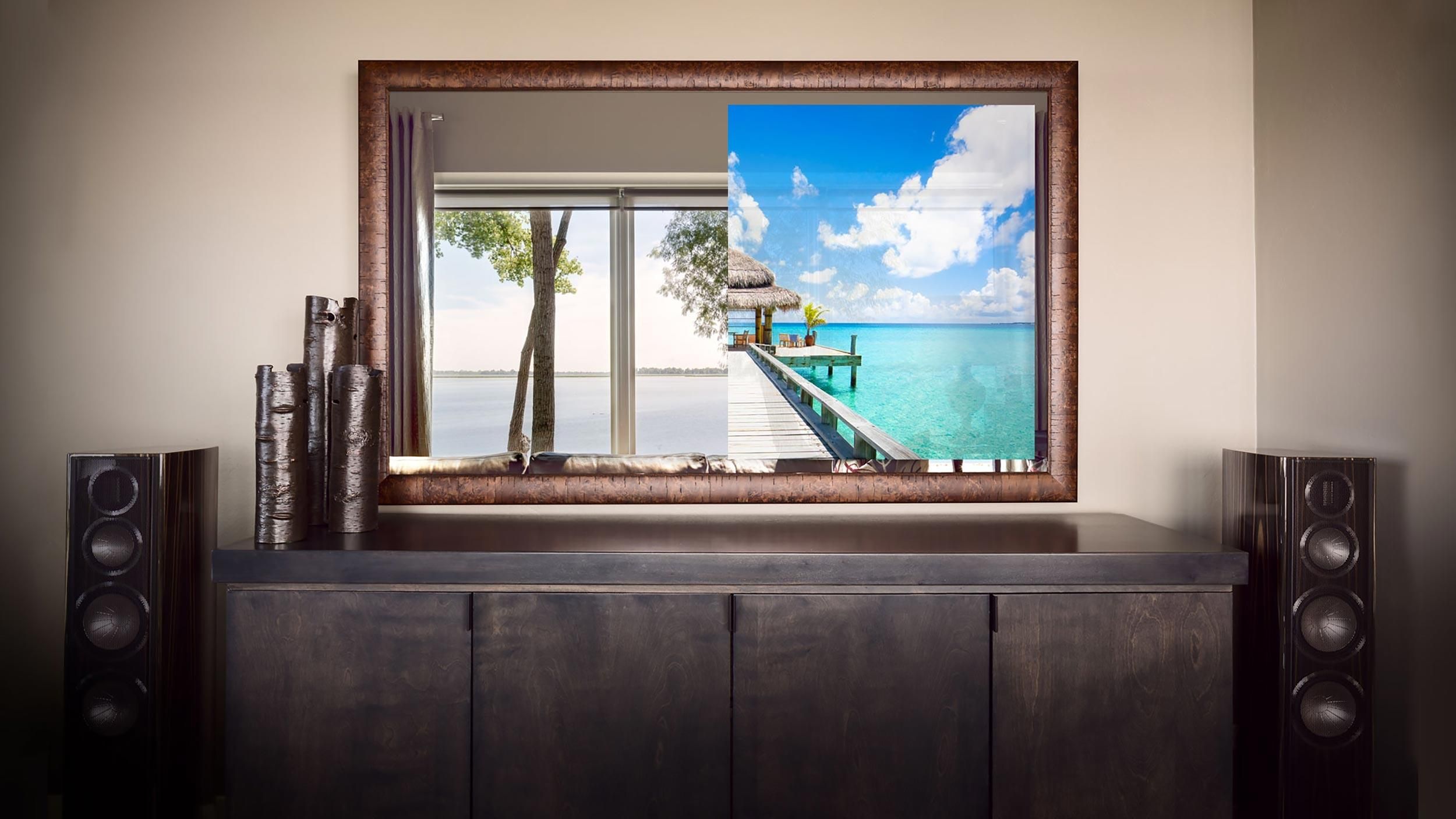 Seura Vanishing Mirror TV comparison in a living room