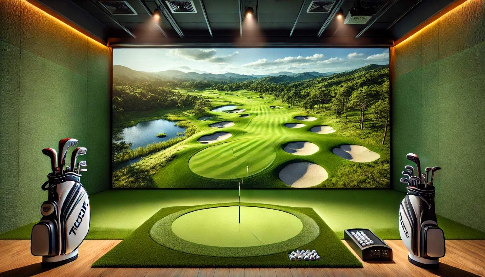 A digital golf simulator view showing a golf course with player metrics and controls.