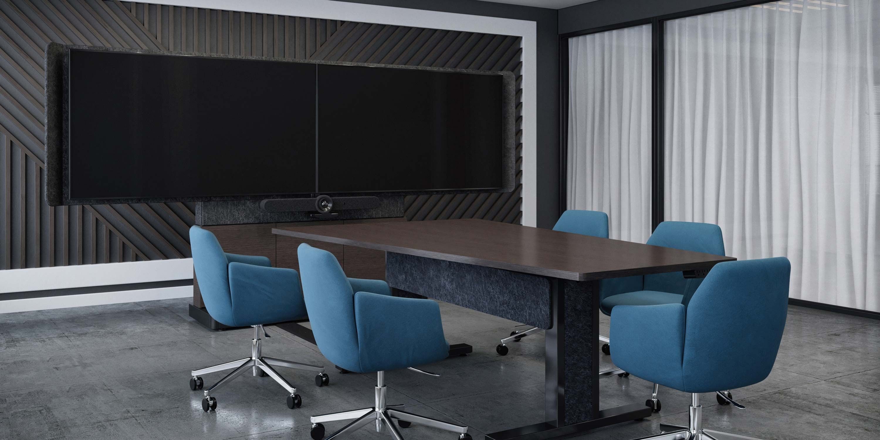 conference room with dark walls and blue chairs, logitech technology