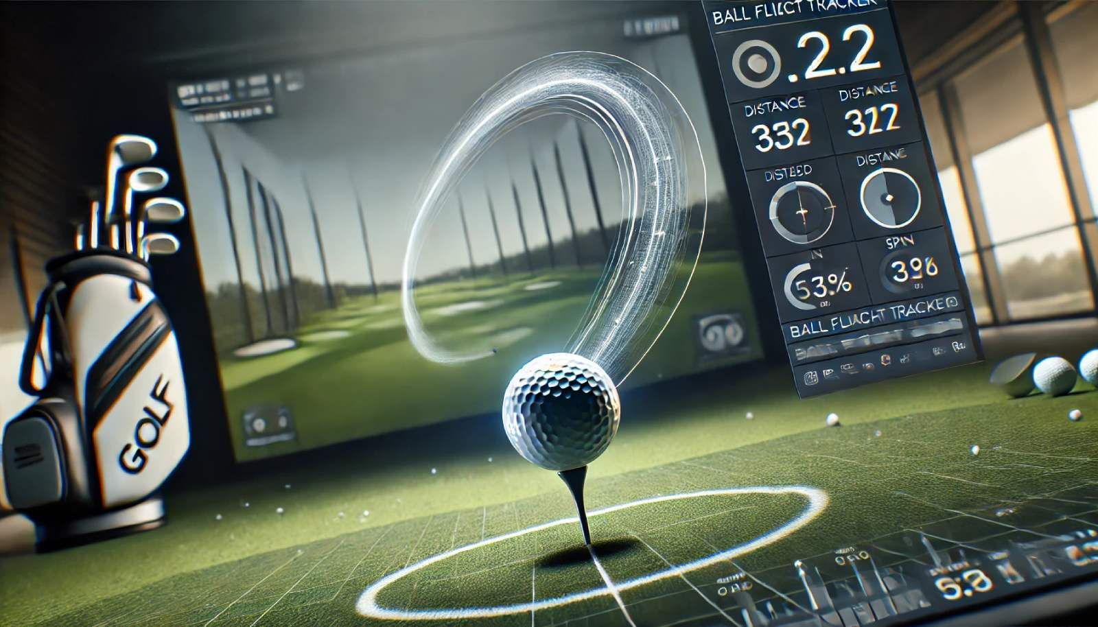 A high-tech golf simulator showing ball tracking and performance metrics on a digital screen.